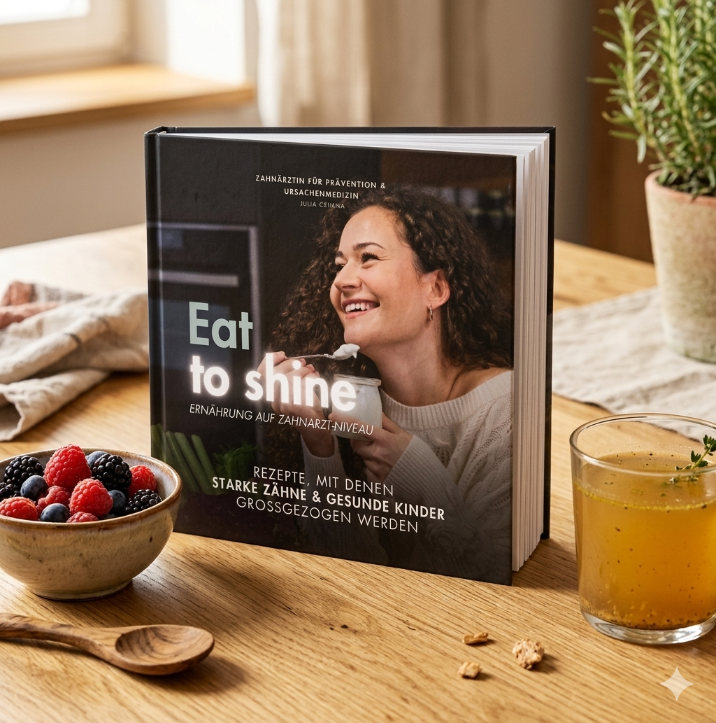 Eat to Shine Rezeptbuch auf Holztisch mit Beeren und Knochenbrühe