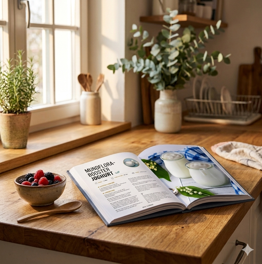 Eat to Shine Rezeptbuch in der Küche, aufgeschlagen beim Mundflora-Booster Joghurt